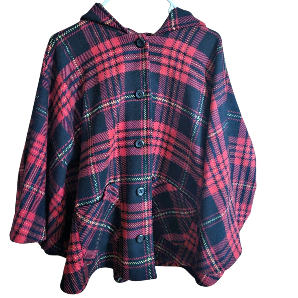 Pendleton All WOOL Plaid Button Down Cape WITH HO… - image 1